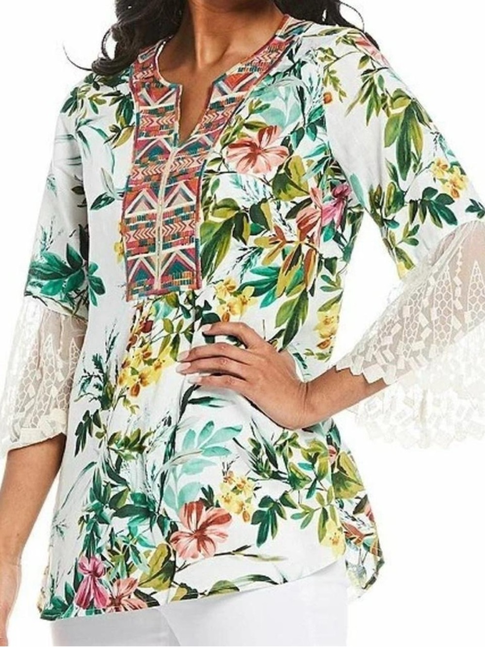 John Mark White Floral Tunic with Green and Pink Botanical Print